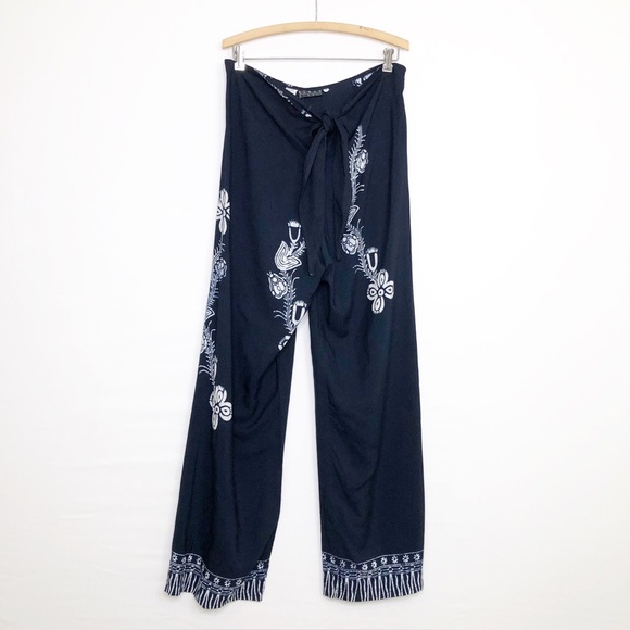 Kenar Studio Navy blue BoHo floral, print tie, front wide, leg pants - Picture 4 of 12